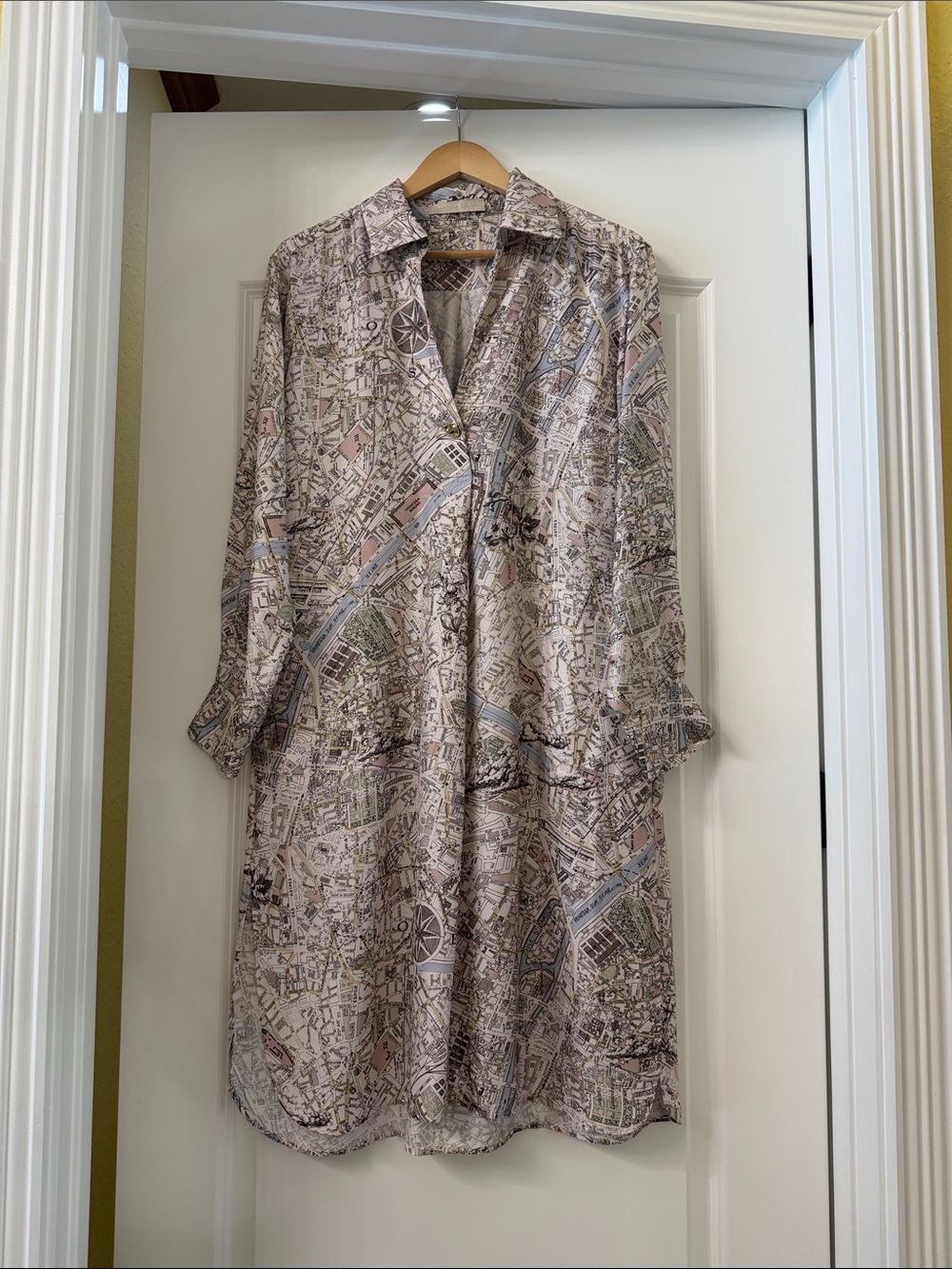 Vanessa Bruno Map-Print Long Sleeve Shirt Dress in Pale Pink and Neutral Tones